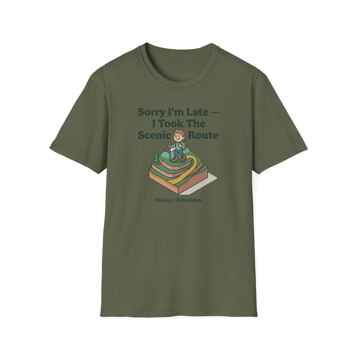 Scenic Route Hiking T-Shirt — "Sorry I'm Late — I Took The Scenic Route"