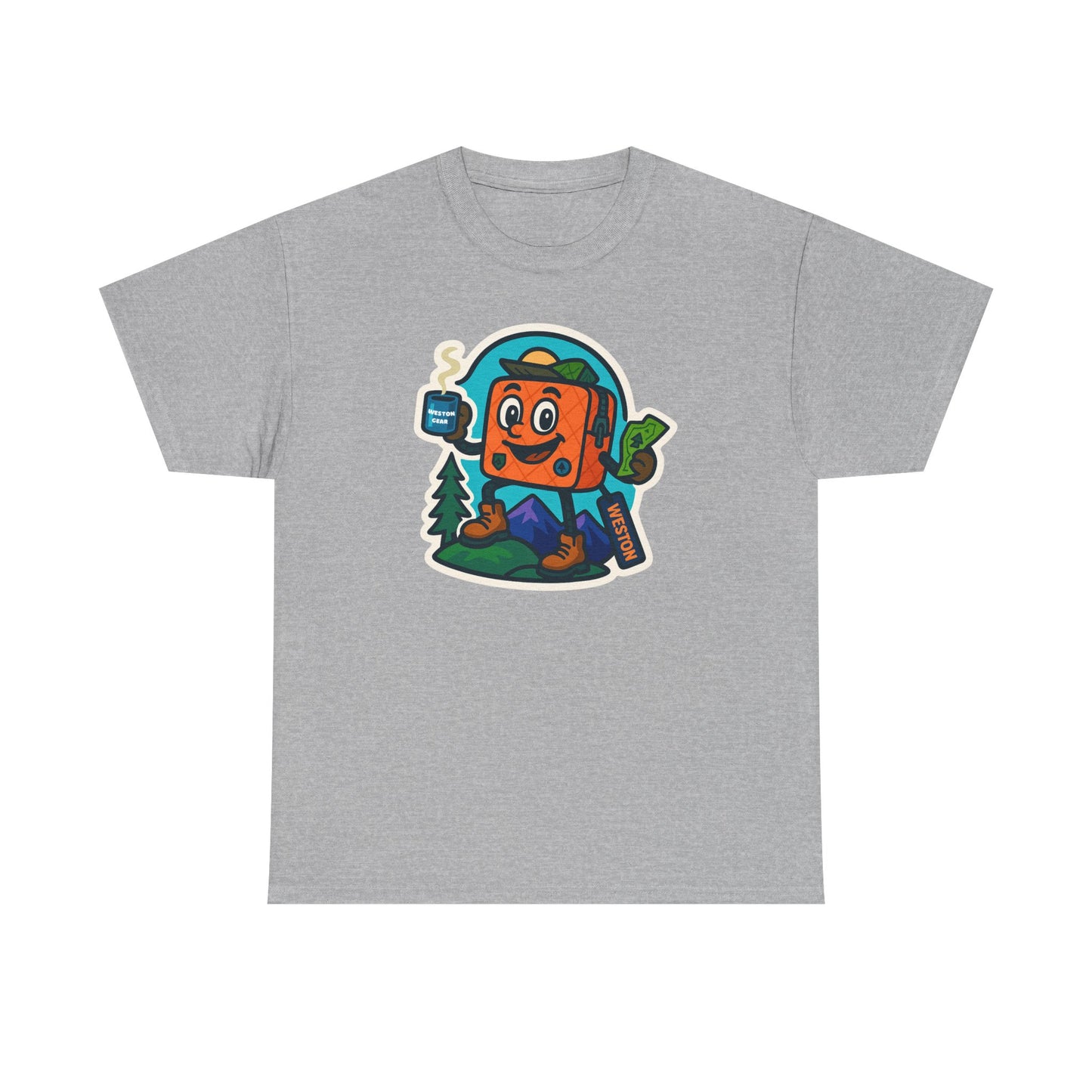 Weston Gear Tee Featuring Boxy and his Coffee, Outdoor Enthusiast Shirt, Hiking Apparel, Nature Lover Gift, Graphic Tee for Camping