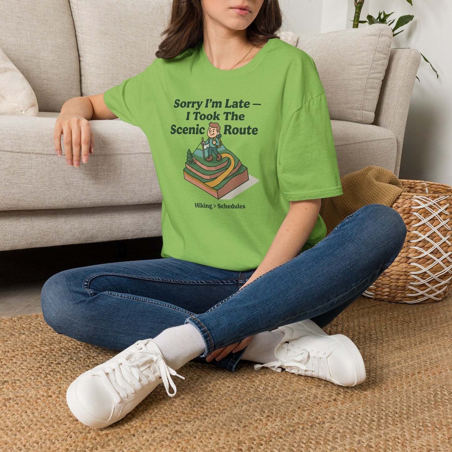 Scenic Route Hiking T-Shirt — "Sorry I'm Late — I Took The Scenic Route"