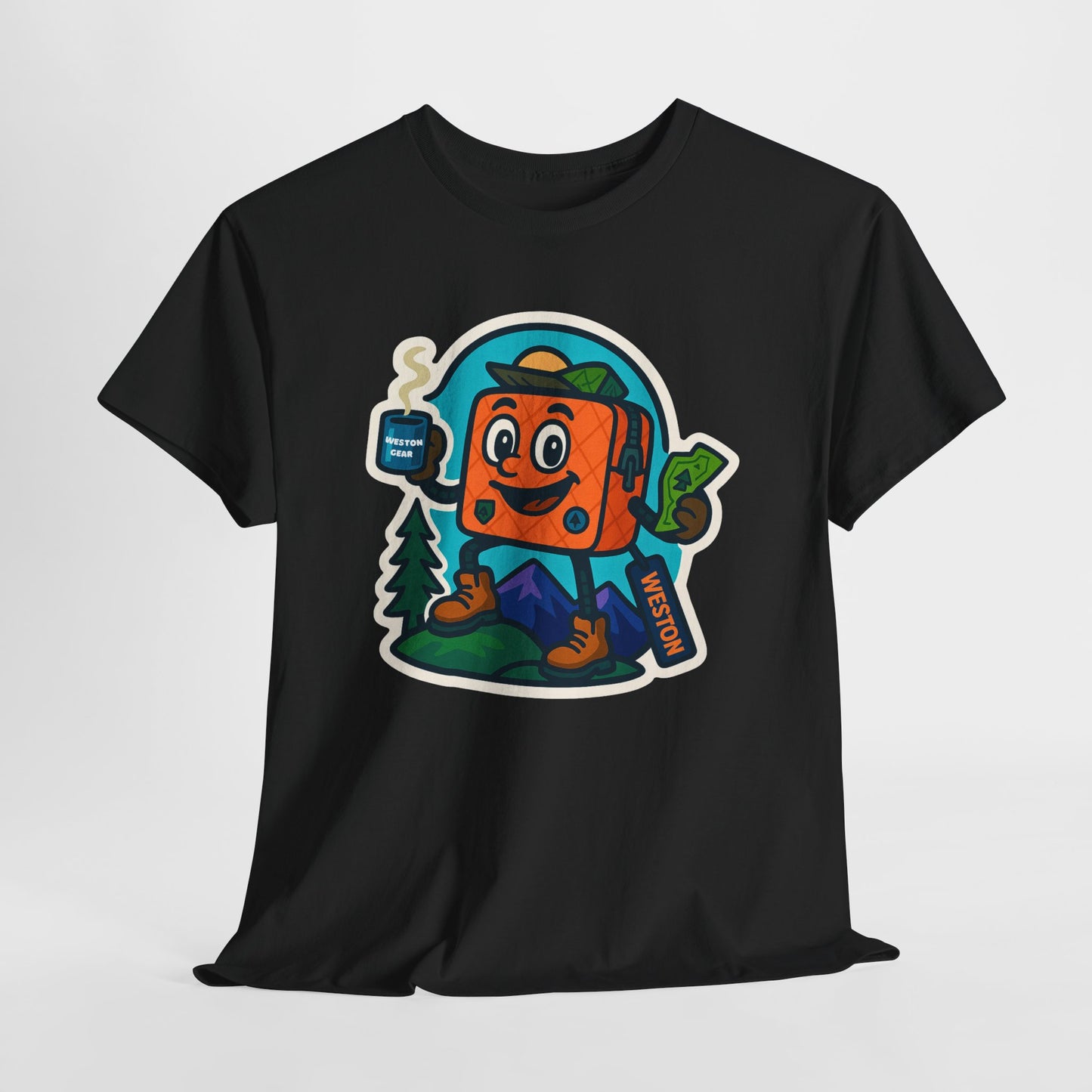 Weston Gear Tee Featuring Boxy and his Coffee, Outdoor Enthusiast Shirt, Hiking Apparel, Nature Lover Gift, Graphic Tee for Camping