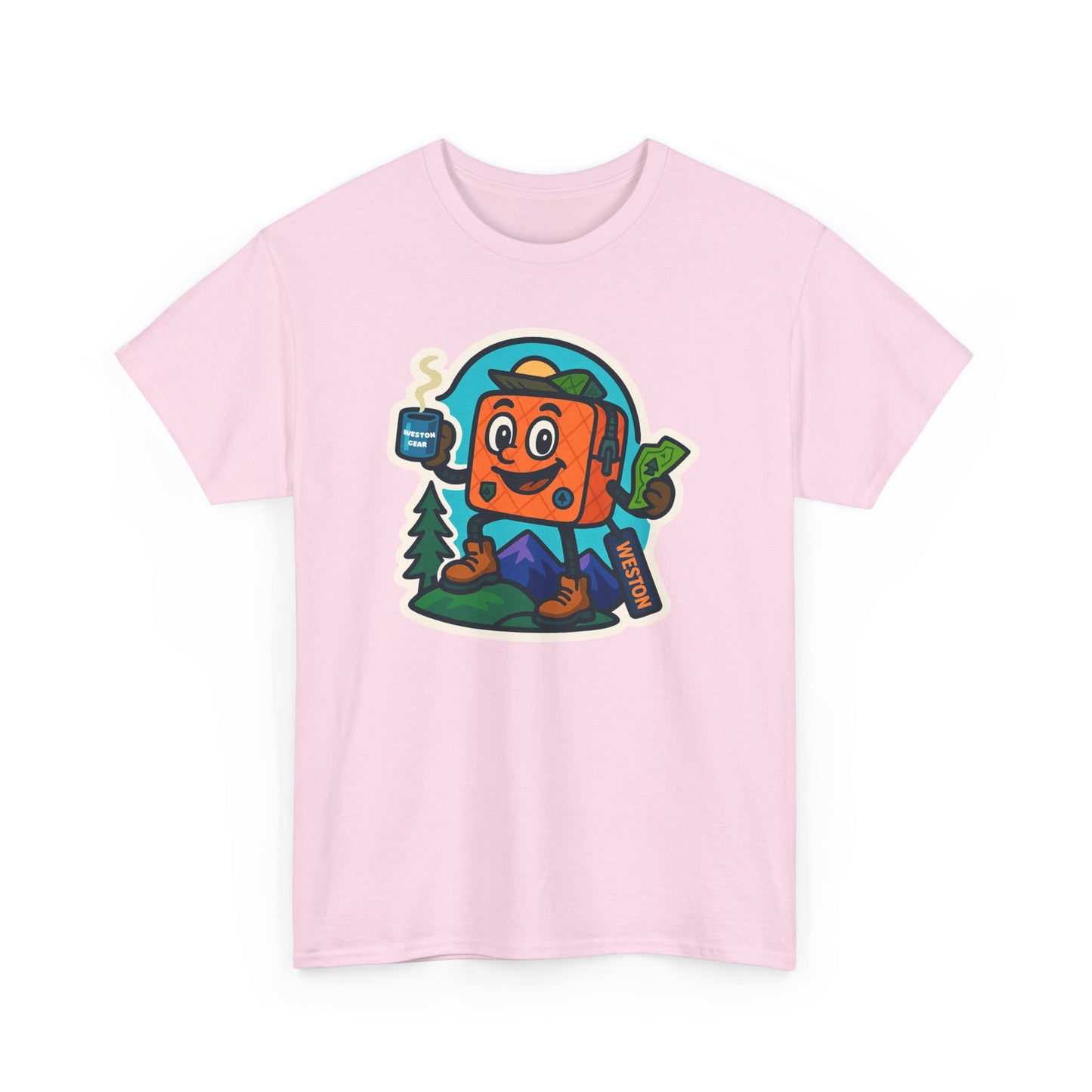 Weston Gear Tee Featuring Boxy and his Coffee, Outdoor Enthusiast Shirt, Hiking Apparel, Nature Lover Gift, Graphic Tee for Camping