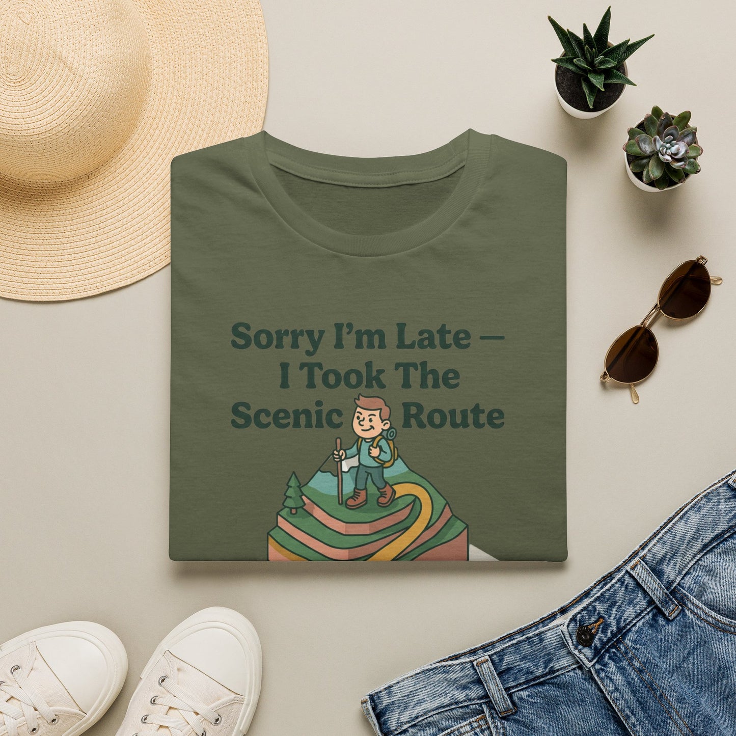 Scenic Route Hiking T-Shirt — "Sorry I'm Late — I Took The Scenic Route"