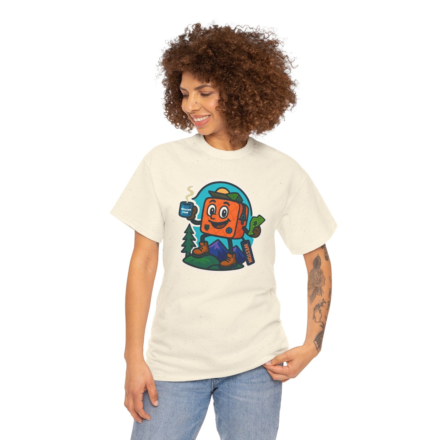 Weston Gear Tee Featuring Boxy and his Coffee, Outdoor Enthusiast Shirt, Hiking Apparel, Nature Lover Gift, Graphic Tee for Camping