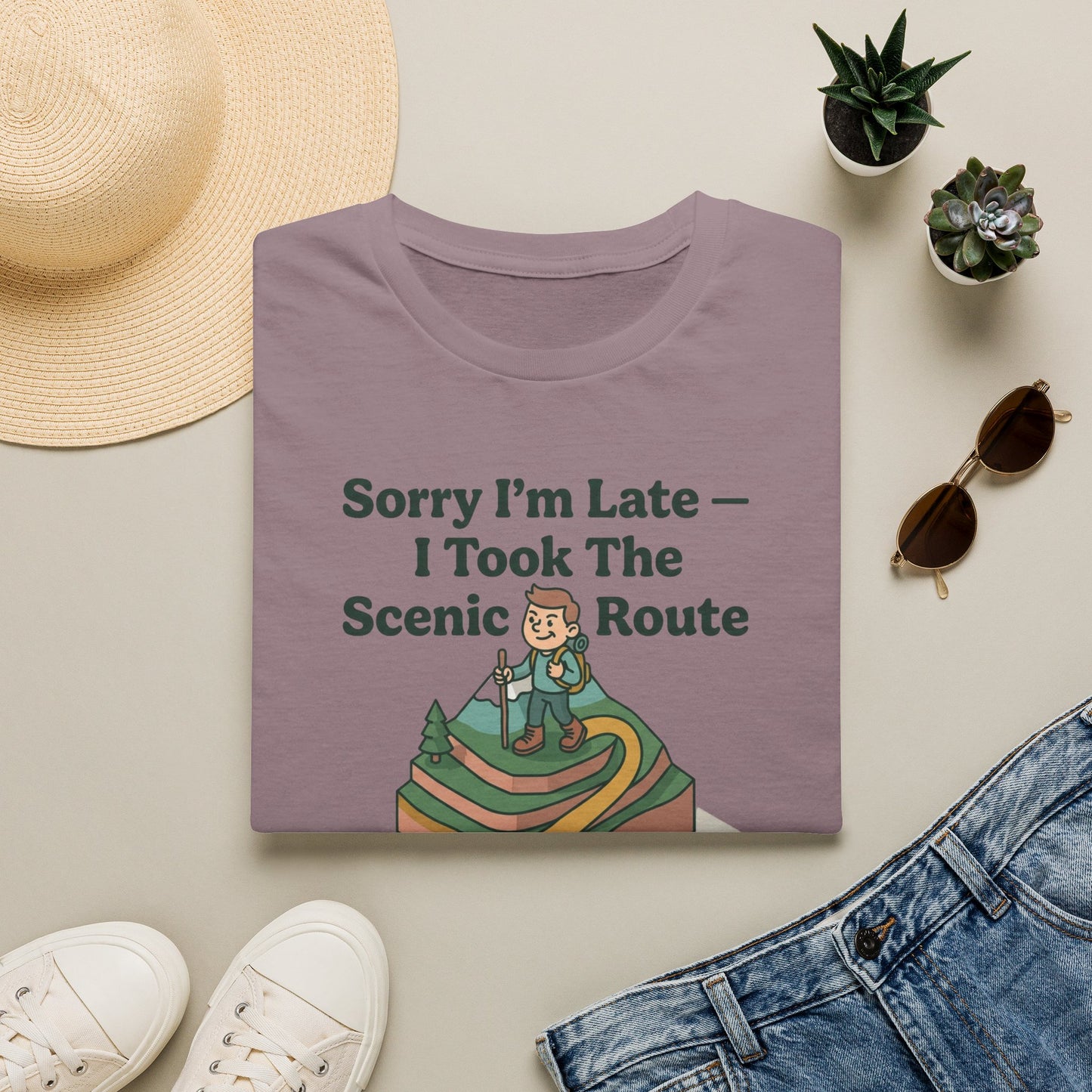 Scenic Route Hiking T-Shirt — "Sorry I'm Late — I Took The Scenic Route"