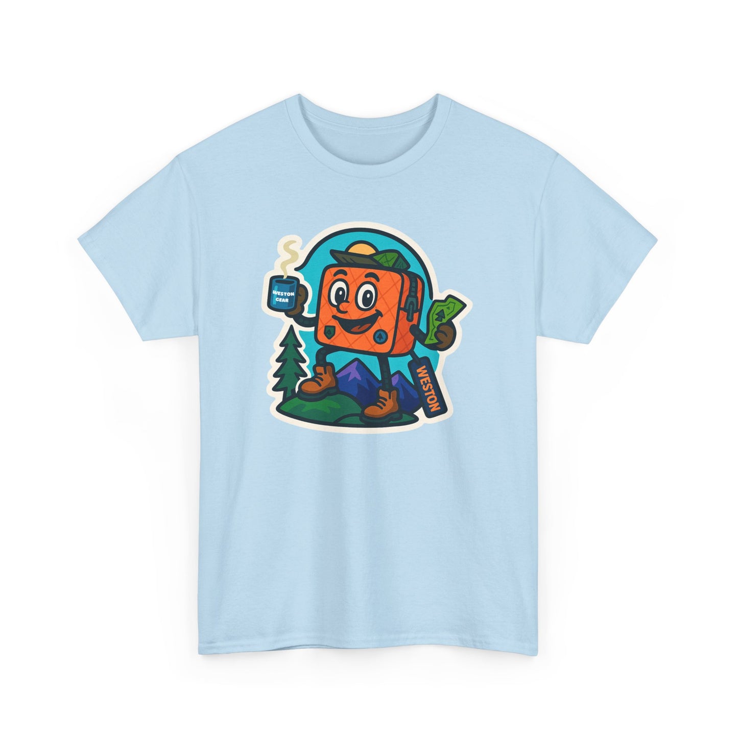 Weston Gear Tee Featuring Boxy and his Coffee, Outdoor Enthusiast Shirt, Hiking Apparel, Nature Lover Gift, Graphic Tee for Camping