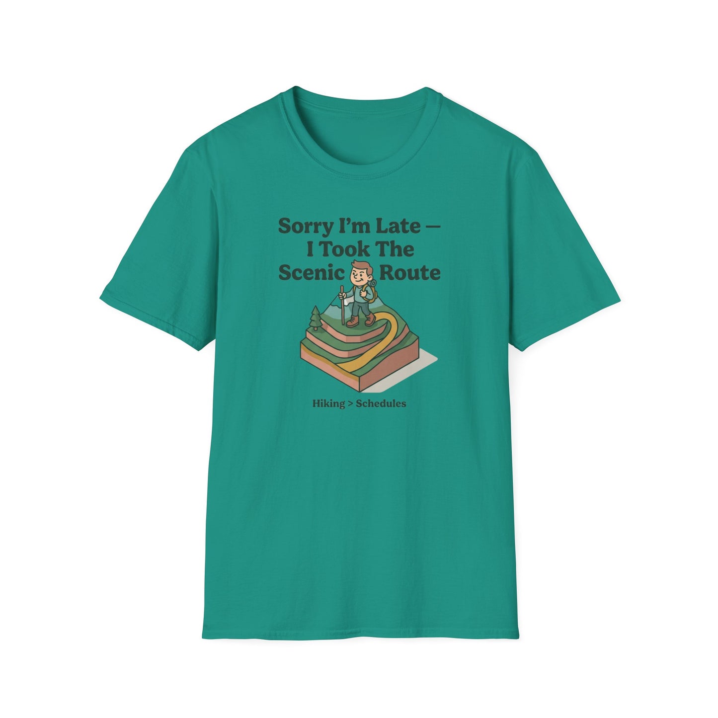 Scenic Route Hiking T-Shirt — "Sorry I'm Late — I Took The Scenic Route"