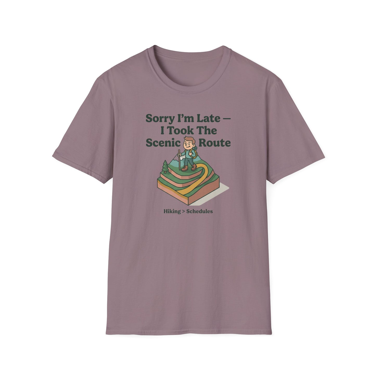Scenic Route Hiking T-Shirt — "Sorry I'm Late — I Took The Scenic Route"