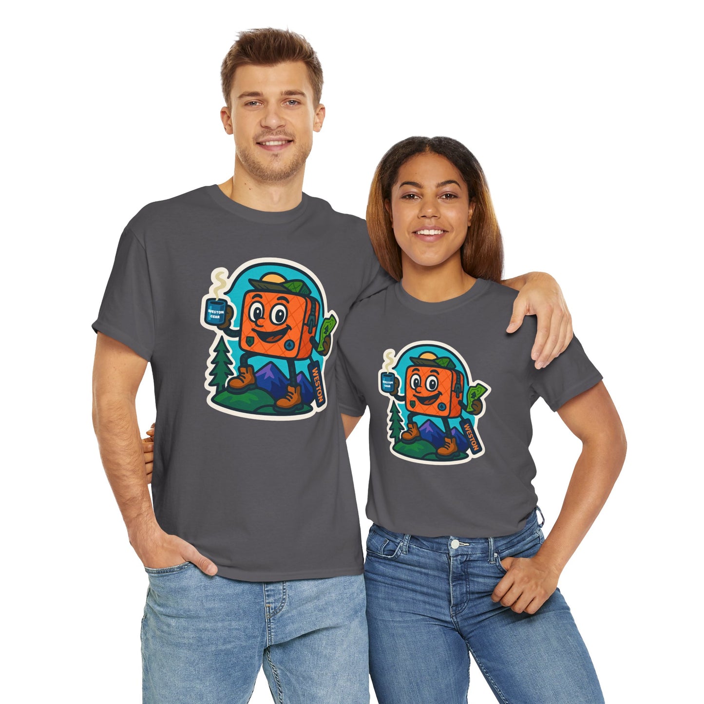 Weston Gear Tee Featuring Boxy and his Coffee, Outdoor Enthusiast Shirt, Hiking Apparel, Nature Lover Gift, Graphic Tee for Camping