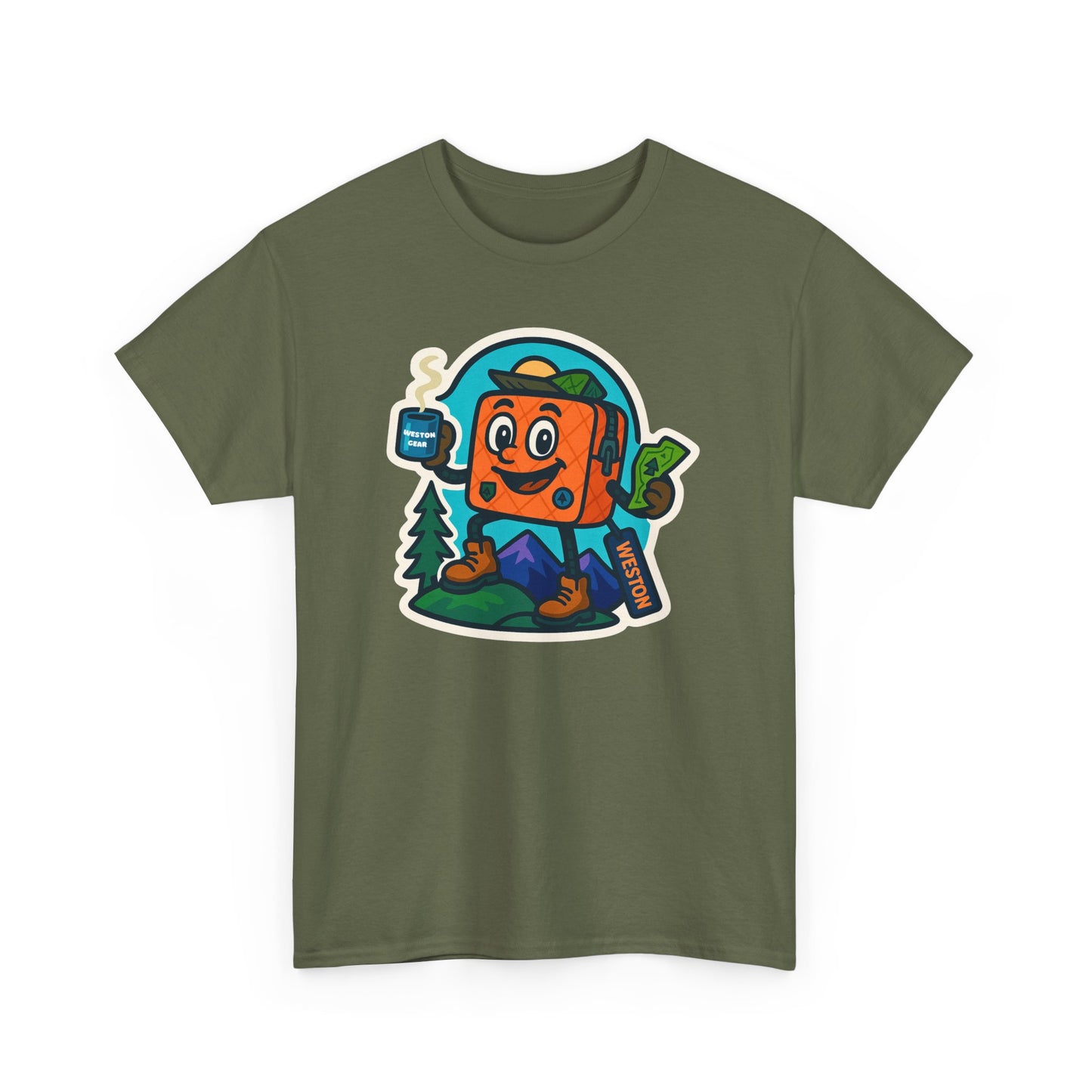 Weston Gear Tee Featuring Boxy and his Coffee, Outdoor Enthusiast Shirt, Hiking Apparel, Nature Lover Gift, Graphic Tee for Camping