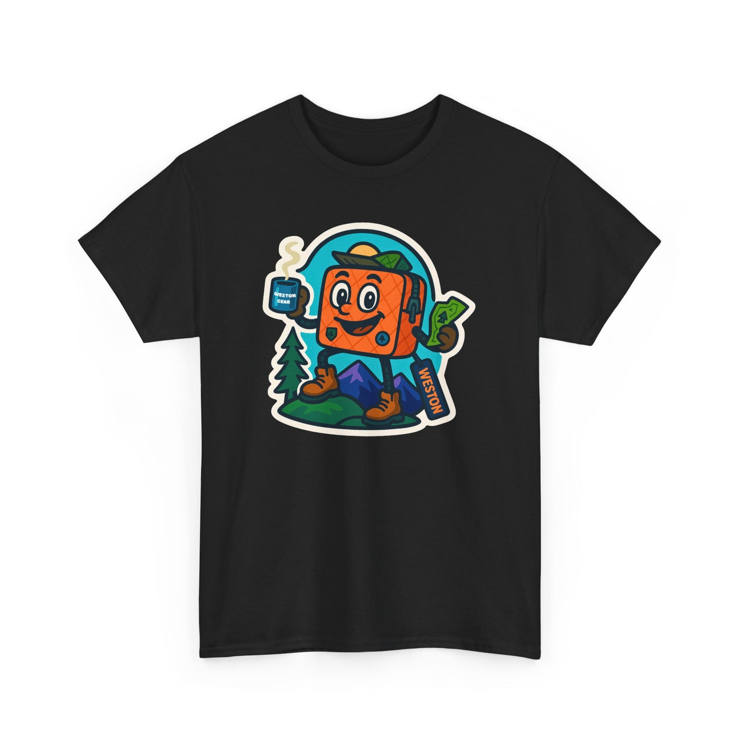 Weston Gear Tee Featuring Boxy and his Coffee, Outdoor Enthusiast Shirt, Hiking Apparel, Nature Lover Gift, Graphic Tee for Camping