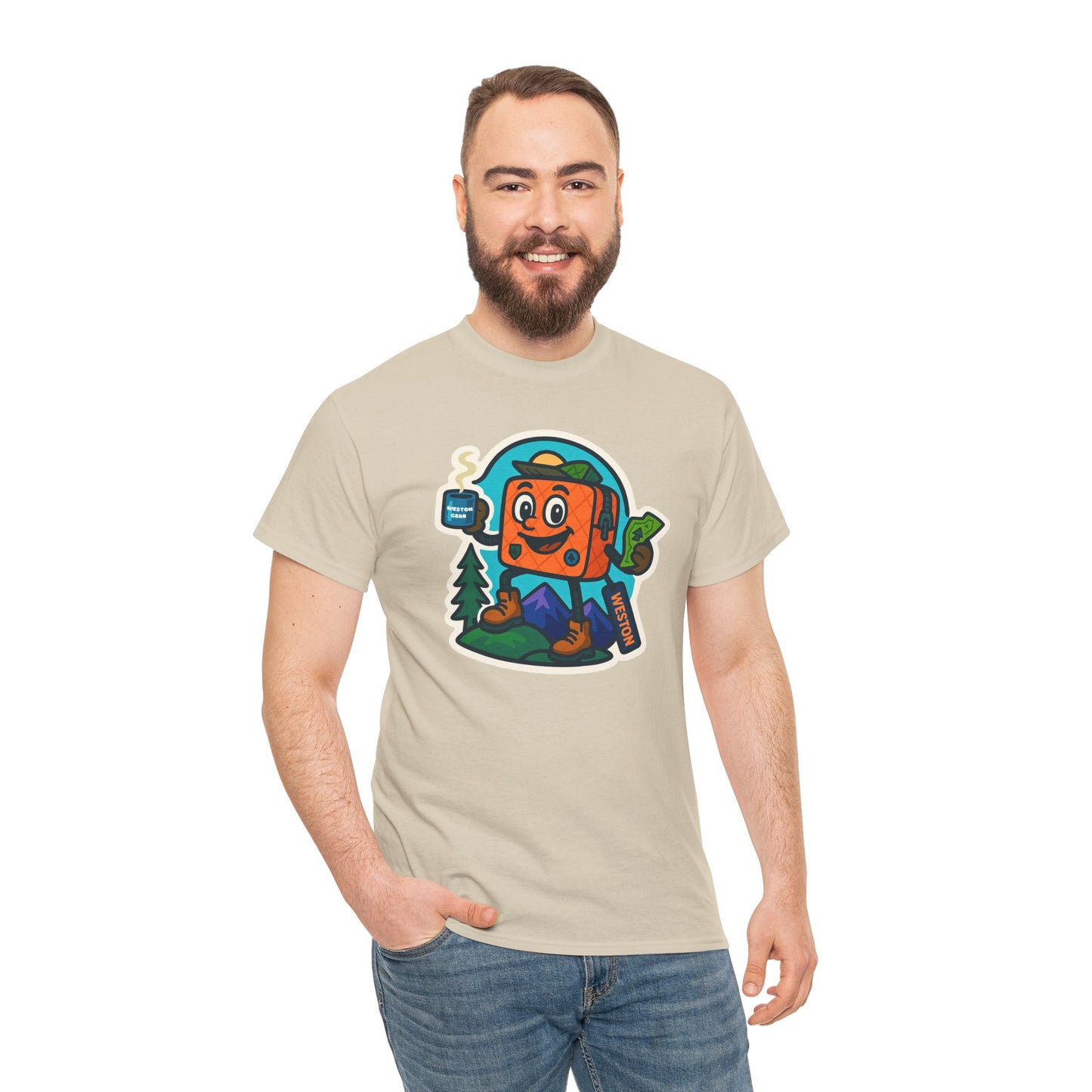 Weston Gear Tee Featuring Boxy and his Coffee, Outdoor Enthusiast Shirt, Hiking Apparel, Nature Lover Gift, Graphic Tee for Camping