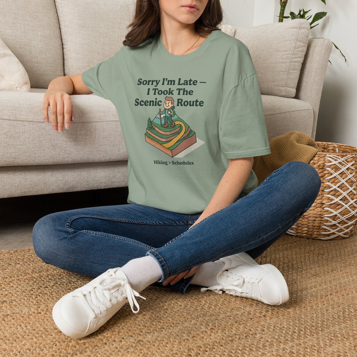 Scenic Route Hiking T-Shirt — "Sorry I'm Late — I Took The Scenic Route"