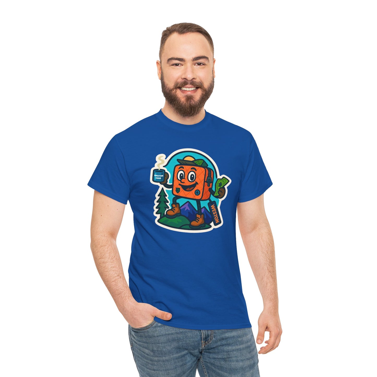 Weston Gear Tee Featuring Boxy and his Coffee, Outdoor Enthusiast Shirt, Hiking Apparel, Nature Lover Gift, Graphic Tee for Camping