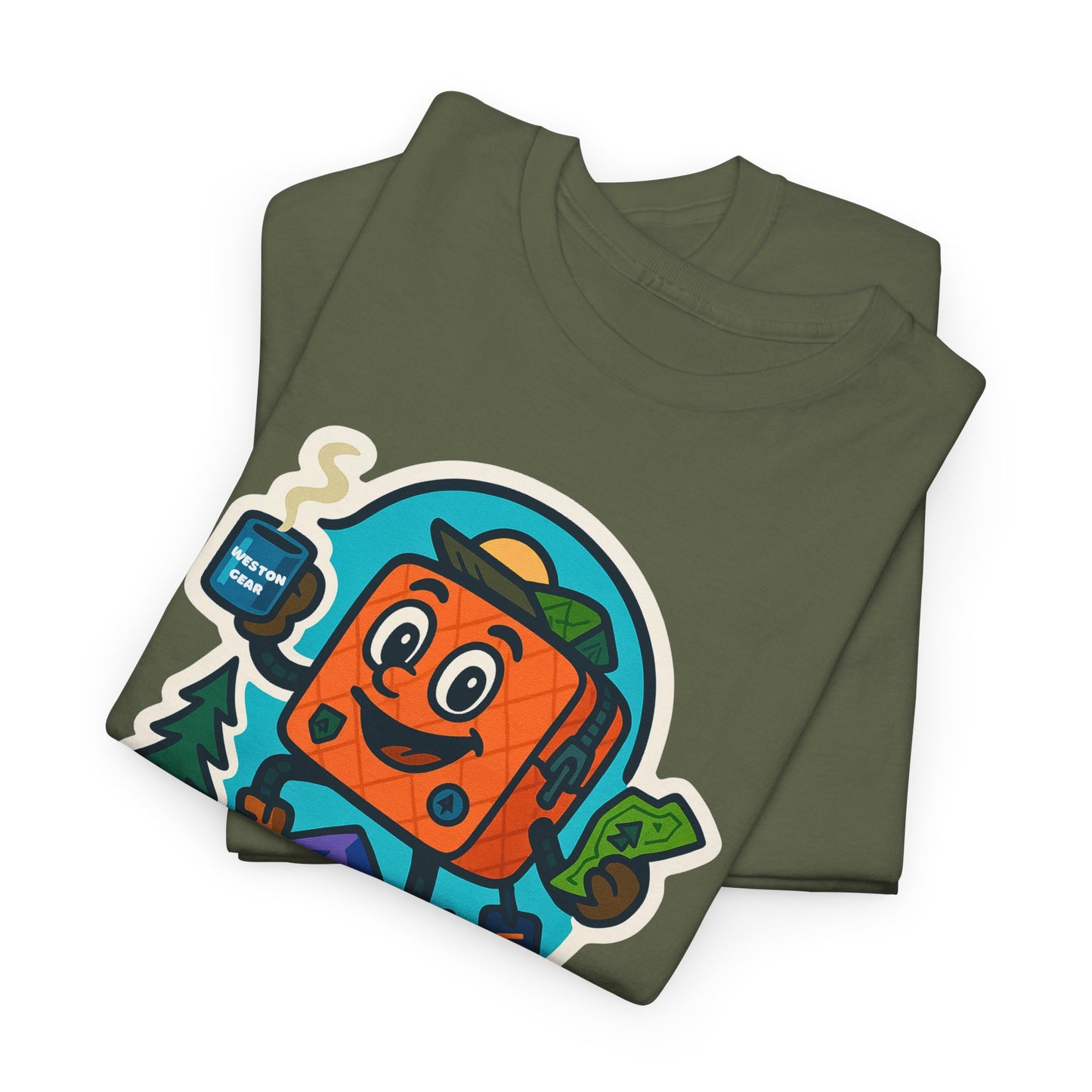 Weston Gear Tee Featuring Boxy and his Coffee, Outdoor Enthusiast Shirt, Hiking Apparel, Nature Lover Gift, Graphic Tee for Camping