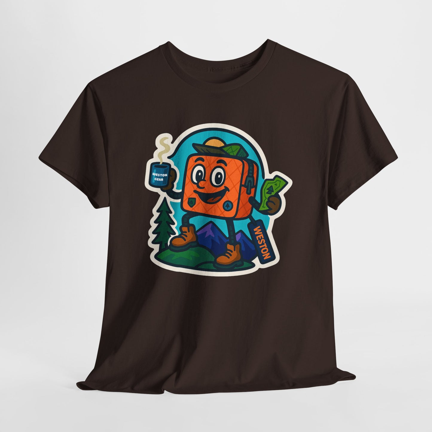 Weston Gear Tee Featuring Boxy and his Coffee, Outdoor Enthusiast Shirt, Hiking Apparel, Nature Lover Gift, Graphic Tee for Camping