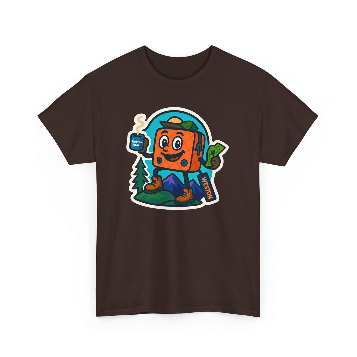 Weston Gear Tee Featuring Boxy and his Coffee, Outdoor Enthusiast Shirt, Hiking Apparel, Nature Lover Gift, Graphic Tee for Camping