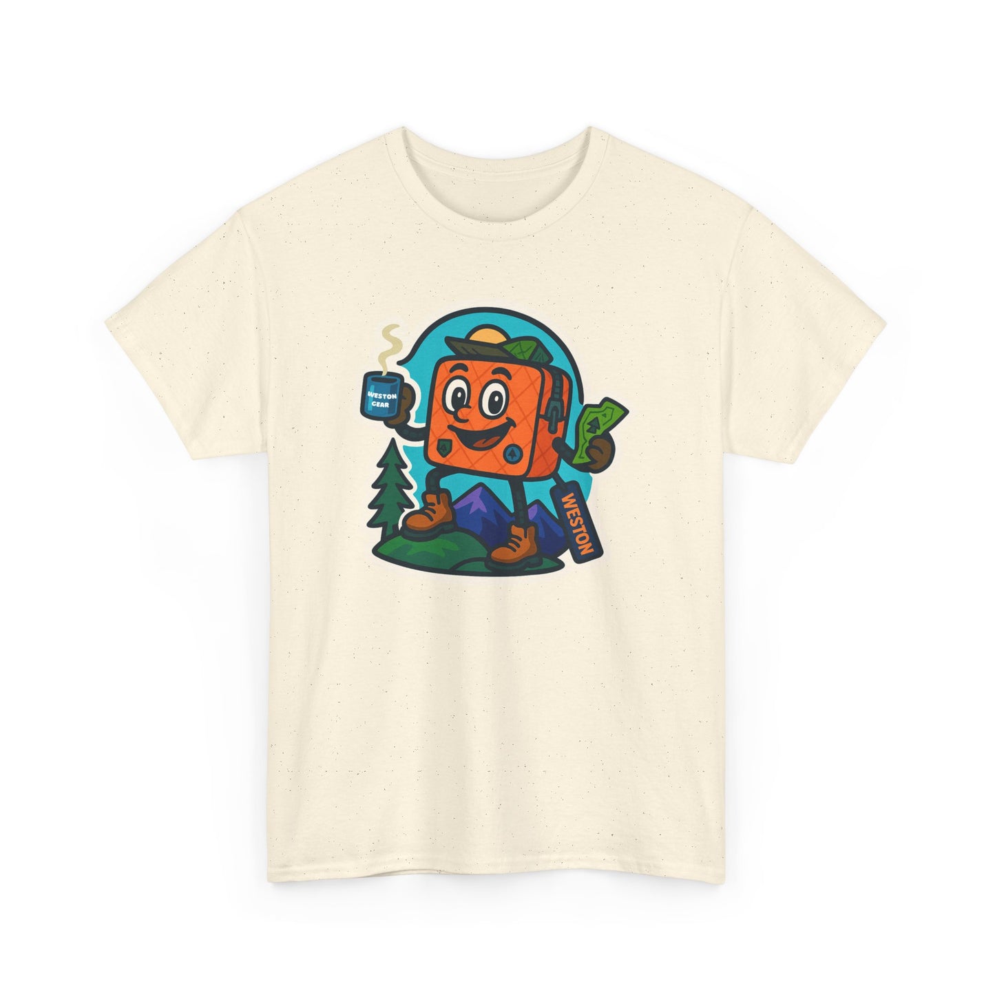 Weston Gear Tee Featuring Boxy and his Coffee, Outdoor Enthusiast Shirt, Hiking Apparel, Nature Lover Gift, Graphic Tee for Camping