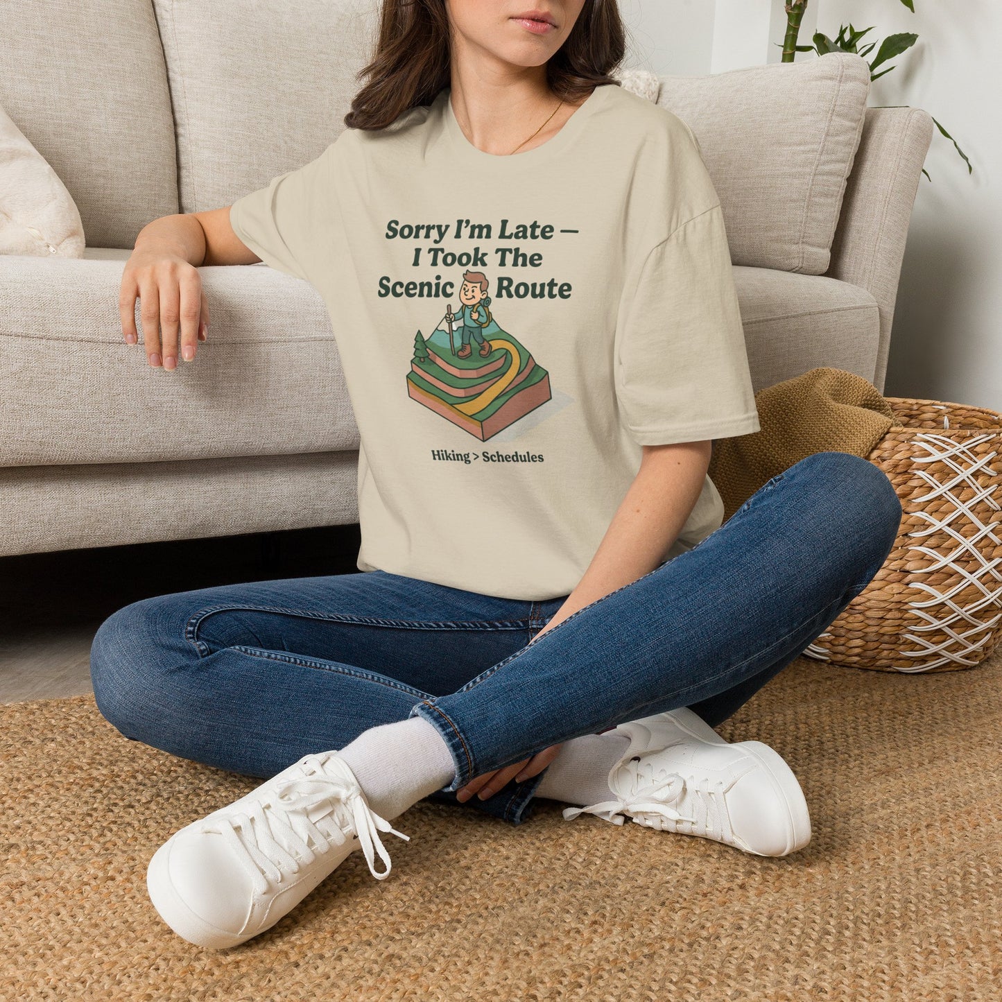 Scenic Route Hiking T-Shirt — "Sorry I'm Late — I Took The Scenic Route"