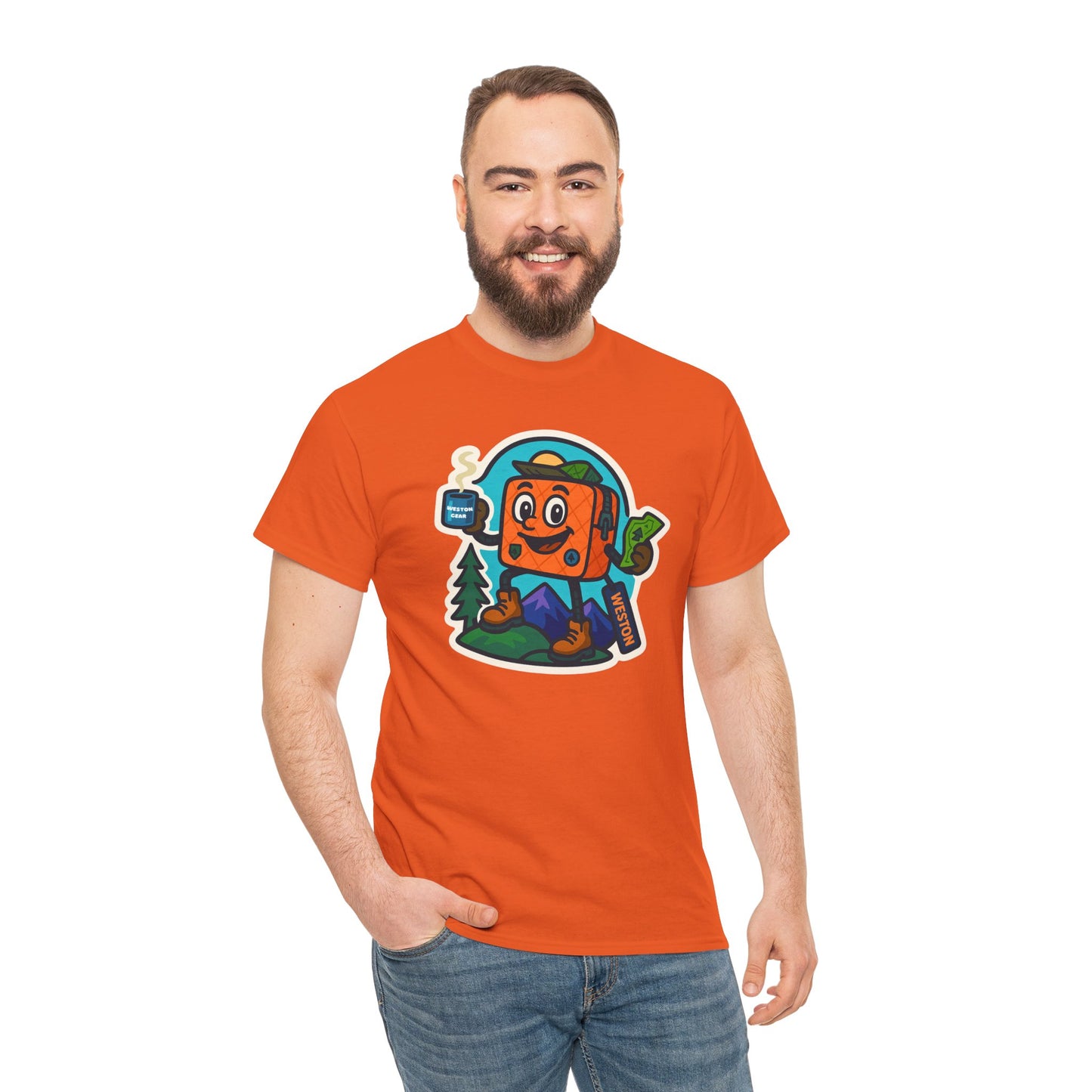 Weston Gear Tee Featuring Boxy and his Coffee, Outdoor Enthusiast Shirt, Hiking Apparel, Nature Lover Gift, Graphic Tee for Camping