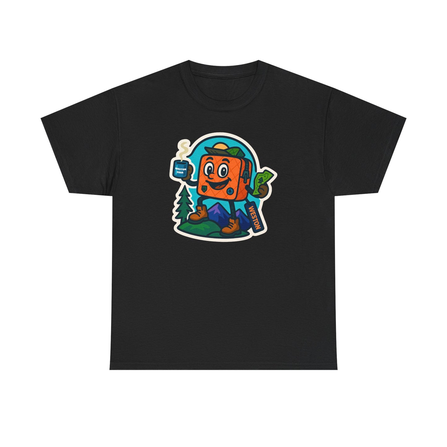 Weston Gear Tee Featuring Boxy and his Coffee, Outdoor Enthusiast Shirt, Hiking Apparel, Nature Lover Gift, Graphic Tee for Camping