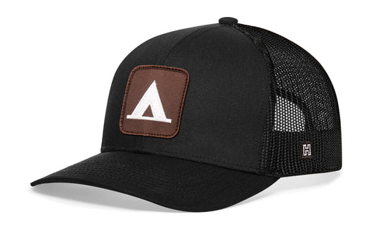 Tent Trucker Hat  |  Black Campground Trail Signs Snapback