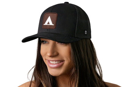 Tent Trucker Hat  |  Black Campground Trail Signs Snapback