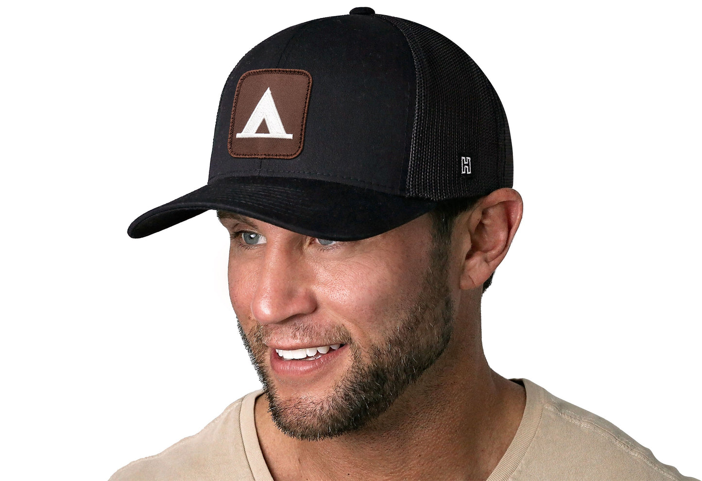 Tent Trucker Hat  |  Black Campground Trail Signs Snapback