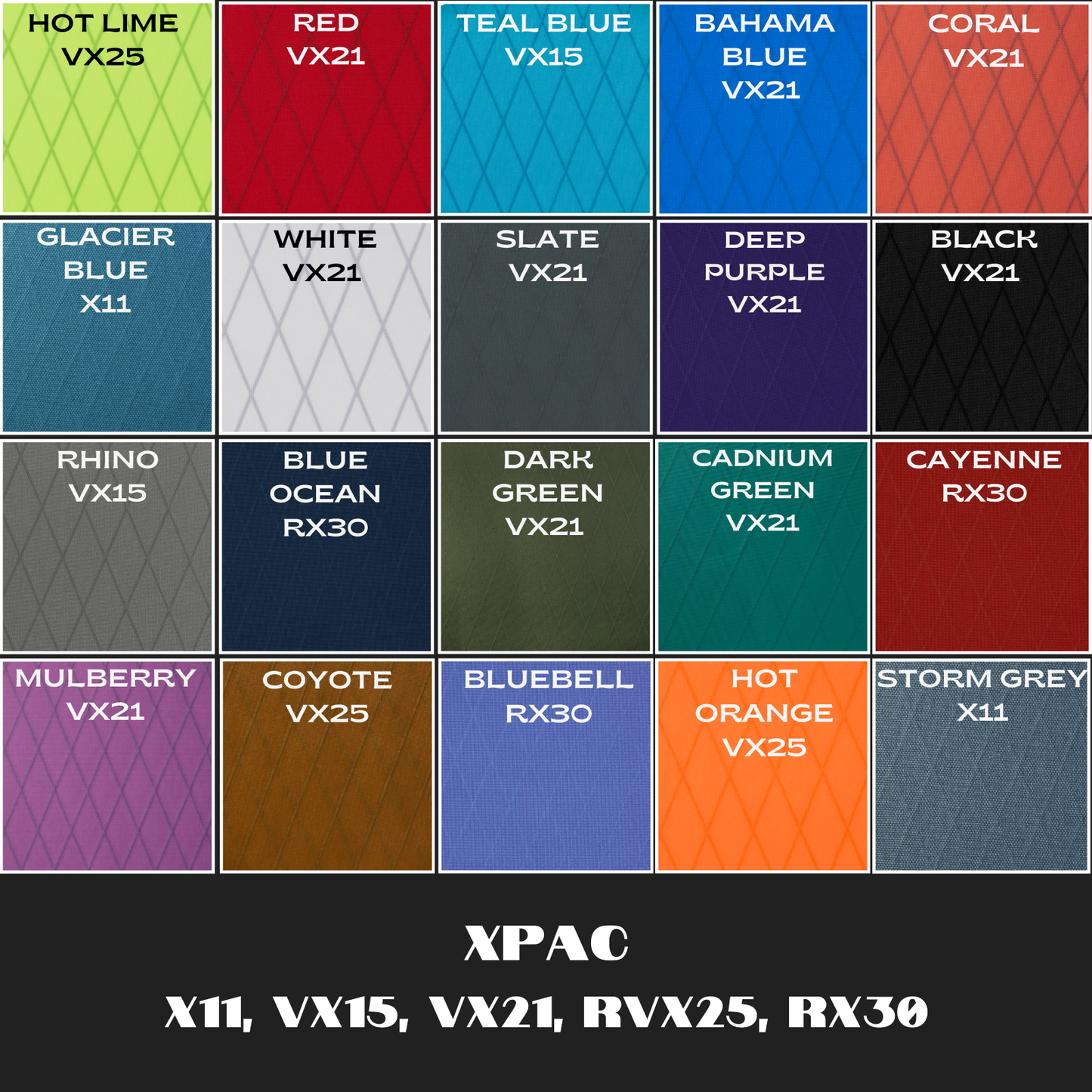Grid of XPAC color swatches with various names and codes.