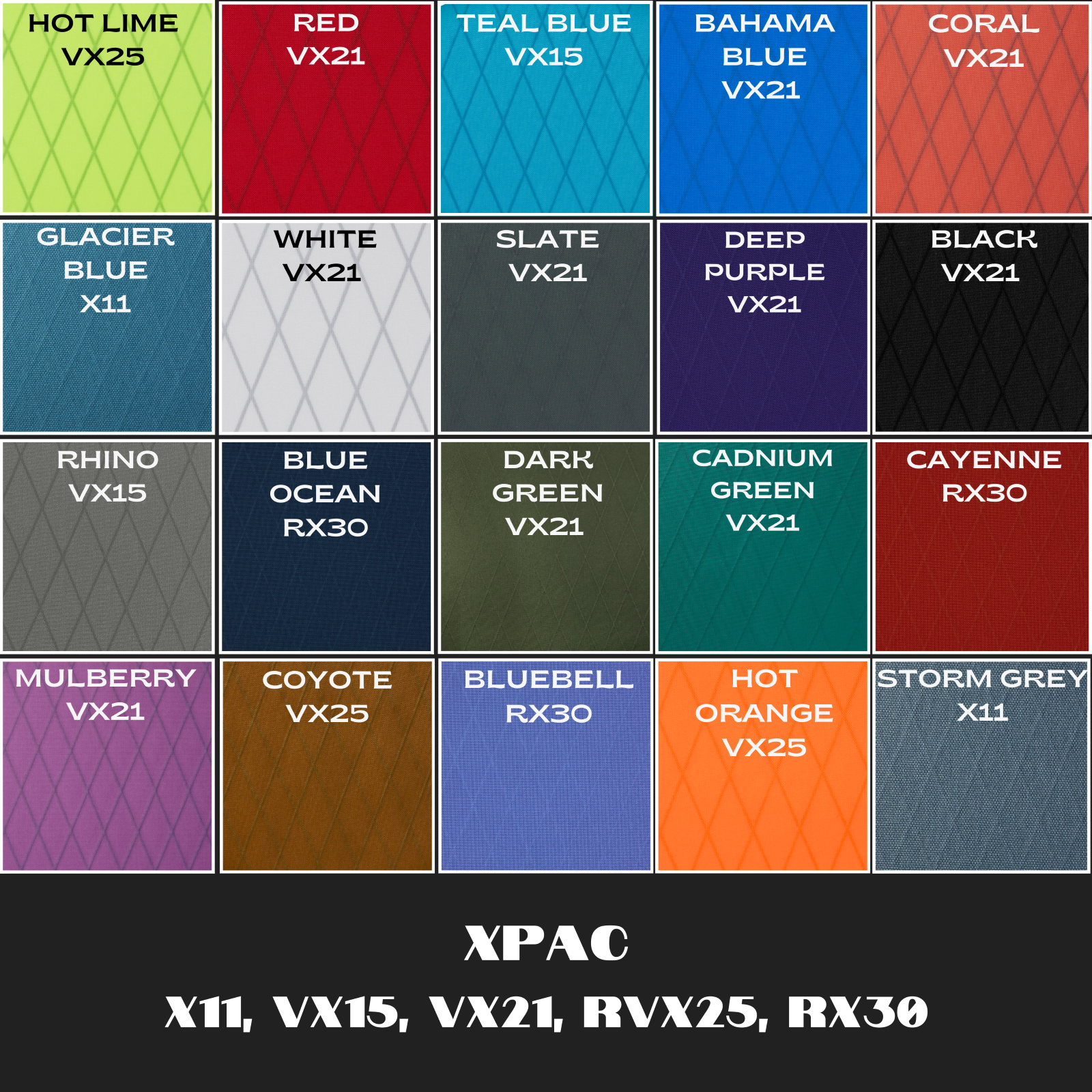 Grid of XPAC color swatches with various names and codes.
